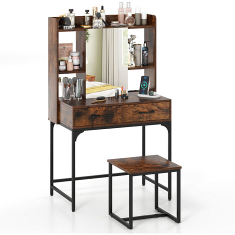 Coiffeuse avec Miroir et Tabouret, Coiffeuse avec Rangement, Station de Charge, 2 Tiroirs, 3 Étagères Ouvertes, Table de Maquillage pour Chambre Salon (1/5)