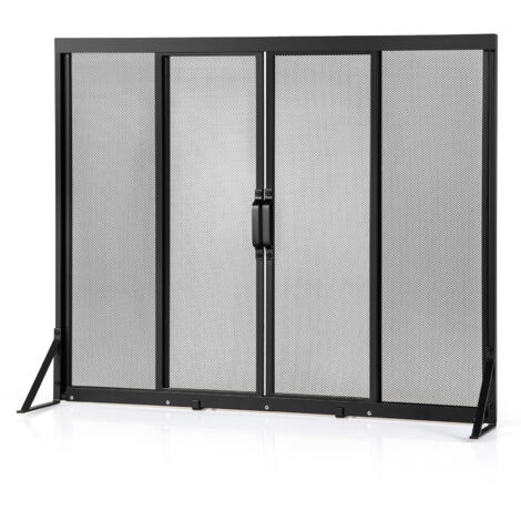 Écran de Foyer avec Portes Coulissantes, Panneau Plat en Maillage Métallique avec Cadre de Support Triangulaire 96 x 72 CM pour Salon, Noir (1/5)
