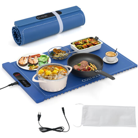 Chauffe Plat Électrique Pliable pour Aliments, Tapis Chauffant avec Température et Minuterie Réglables, Plateau Chauffant en Silicone Enroulable, Bleu