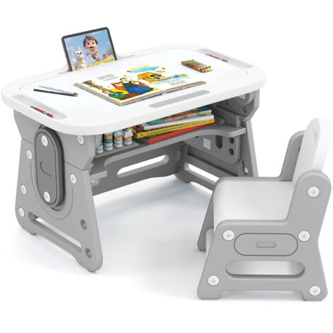 Table à Dessin Réglable en Hauteur avec Tableau Blanc Inclinable et Chaise pour Tout-petits 3 Ans+, Pupitre et Étagère Concave, Gris (1/5)