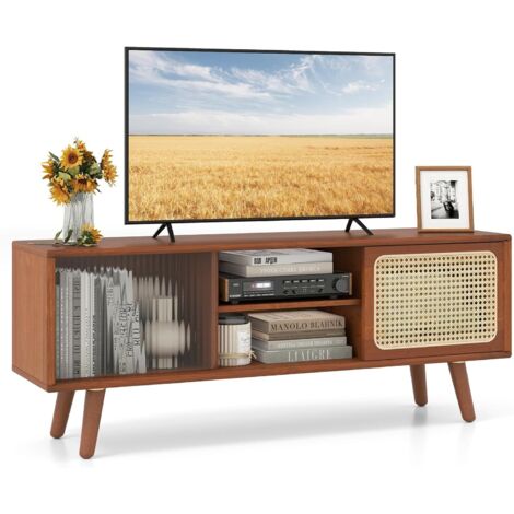 Costway – Meuble TV en bambou pour TV 55'' – 4 compartiments – 2 portes coulissantes en verre trempé et rotin – Dimensions 120,5x31x45,5cm – Brun (1/5)