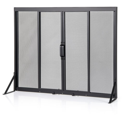 Écran de Foyer avec Portes Coulissantes, Panneau Plat en Maillage Métallique avec Cadre de Support Triangulaire 89 x 72 CM pour Salon, Noir