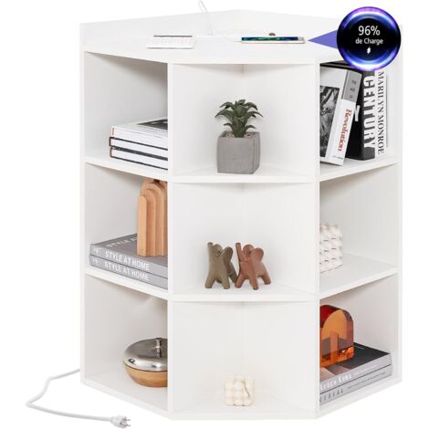 Étagère d'Angle 3 Niveaux Bibliothèque Ouverte 4 Niveaux avec Station de Charge, Port USB & Type-C, 2 Prises, 9 Compartiments, pour Salon, Blanc