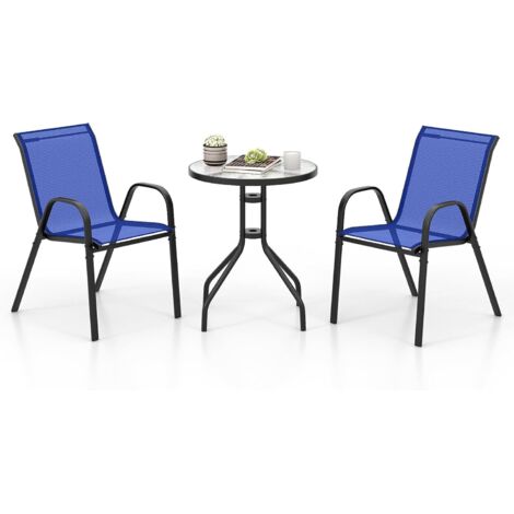 Ensemble de Jardin 3 Pièces, 2 Fauteuils Ergonomiques avec Table Basse en Verre Trempé, pour Jardin, Balcon, Terrasse, Cour, Bleu (1/5)