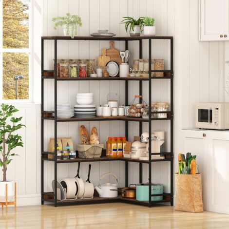 Costway – Bibliothèque d'angle 5 niveaux 110 x 89 x 180 cm – Cadre métal robuste – Style industriel brun – Pour salon et bureau (1/5)