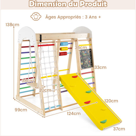 COSTWAY 8 en 1 Aire de Jeux d'escalade Intérieure en Bois avec Toboggan & Balançoire, Triangle d'escalade Montessori Enfant avec Filet & Échelle & Barre de Singe, Charge 50kg pour 3-5 Ans (Coloré
