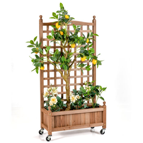 Jardinière avec Treillis en Bois Sapin, Bac à Fleurs avec Roues Verrouillables et Trou de Drainage pour Plante Grimpante Vigne Fleurs, 64 x 28 x 127CM (1/5)