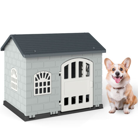 Niche Etanche pour Chien avec Porte Verrouillable, 75 x 58 x 65 cm, Cage Abri Pliable en PP, pour Lapins, Chiots, Chats, Intérieur Extérieur, Gris (1/5)
