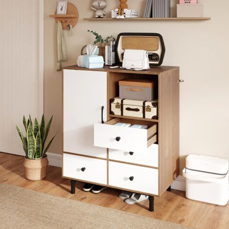 Buffet avec Rangement, Bahut avec 4 Tiroirs & Compartiment Ouvert, Pieds Métalliques 80 x 45,5 x 97,5 cm pour Salon, Blanc (1/5)