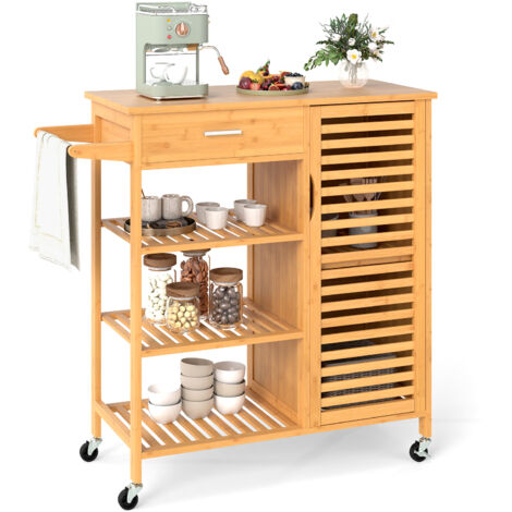 Desserte de Cuisine Roulant en Bambou avec Tiroir, 3 Étagères Ouvertes, 1 Armoire à Porte, Porte-serviettes, Roulettes Verrouillables, 91 x 44 x 89 cm