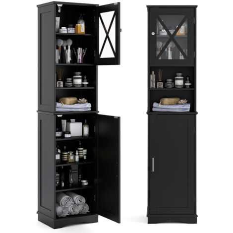Costway – Armoire de salle de bain haute 170 cm – 5 étagères réglables – 2 compartiments ouverts et fermés – Conception compacte 30 x 40 cm – Noir (1/5)