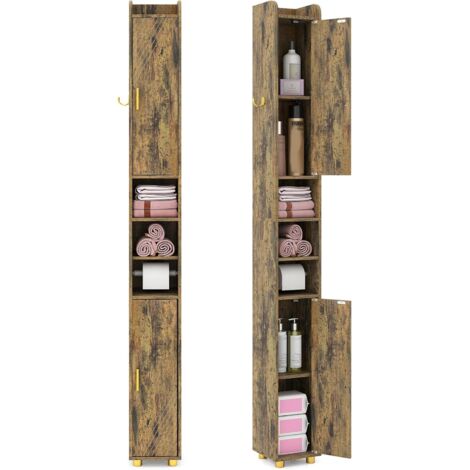 Costway – Colonne de salle de bain étroite 20x20x179 cm – 2 portes avec étagères réglables – Crochet latéral et barre porte-papier – Brun rustique (1/5)