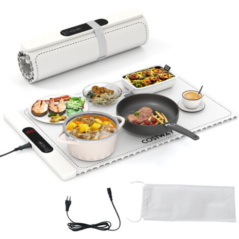 Chauffe Plat Électrique Pliable pour Aliments, Tapis Chauffant avec Température et Minuterie Réglables, Plateau Chauffant en Silicone Enroulable,Blanc