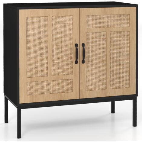 Buffet à 2 Portes avec Étagère Réglable à 3 Positions, Porte en Rotin, Meuble d'Appoint Bohème 80 x 38 x 81 cm pour Cuisine, Salon, Couloir, Noir (1/5)