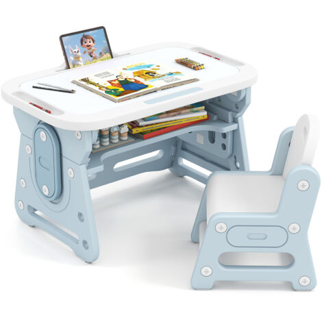 Table à Dessin Réglable en Hauteur avec Tableau Blanc Inclinable et Chaise pour Tout-petits 3 Ans+, Pupitre et Étagère Concave, Bleu (1/5)