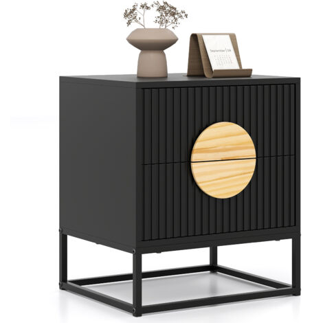 Table de Nuit Cannelée, Table de Chevet avec 2 Tiroirs, Poignées en Bois de Pin & Cadre Métallique, Table d'Appoint 48 x 40 x 55 cm, Noir (1/5)