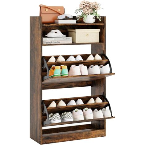 Meuble à Chaussures avec 2 Tiroirs Abattants, Meuble à Chaussures Mince et Caché avec Rangement Ouvert, pour Entrée, Couloir, Hall, Salon, Marron (1/5)