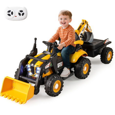 Voiture Électrique Enfants 12 V, Tracteur, Pelleteuse et Bulldoz avec Remorque, Pelle, Seau, Télécommande, Lumières LED, Musique, Siège Réglable,Jaune