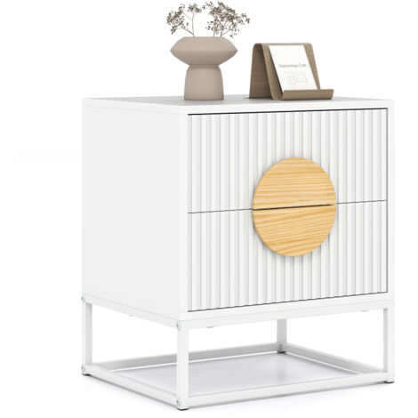 Table de Nuit Cannelée, Table de Chevet avec 2 Tiroirs, Poignées en Bois de Pin & Cadre Métallique, Table d'Appoint 48 x 40 x 55 cm, Blanc (1/5)