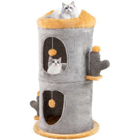 Petit Arbre a Chat 83 cm, Tour pour Chaton à 2 Étages, 2 Condos Empilable, Brosse d'Toilettage, Maison pour Chat Interieur, 2 Pompons Suspendues (1/5)