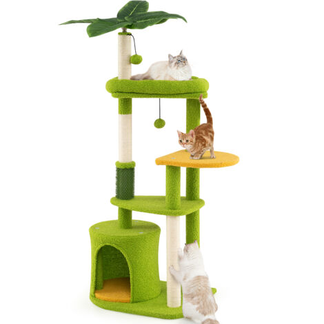 Arbre à Chat XXL 122 cm, Arbre à Chat Cactus, Brosse d'Toilettage, Condo, Poteaux à Griffer en Sisal, 4 Plateformes, Tour pour Chaton en Peluche, Vert (1/5)