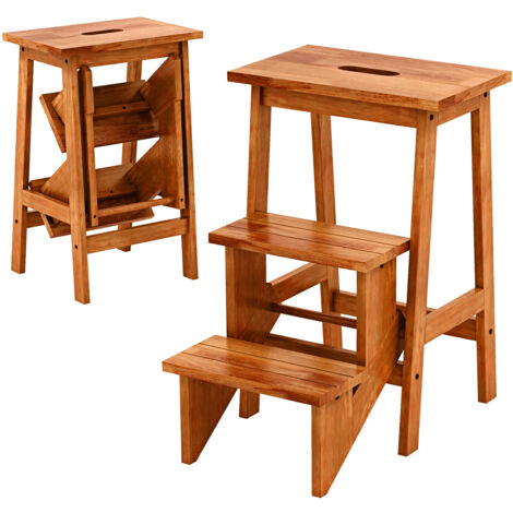 Tabouret Marchepied Rustique Chêne Sauvage Massif - 3 Marches Stables Avec Patins Feutre Pour Cuisine, Salle De Bain Et Salon