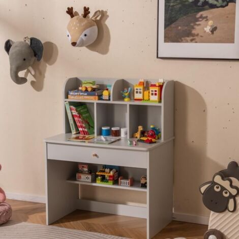 Costway – Bureau enfant en bois 80x48x62cm – 5 compartiments, tiroir et étagère – Charge 90kg, patins antidérapants – Conception sécurisée