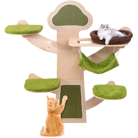 Arbre à Chat XXL Mural 180 cm, Mur d'Escalade, 4 Plateformes, Hamac Amovible, Poteaux et Planche à Griffer en Sisal, Coussin Lavable, Vert (1/5)