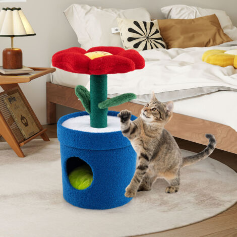 Arbre à Chat Mignon pour Chats d'Intérieur avec Perchoir Rembourré en Forme de Fleur, Condo en Forme de Pot, Griffoir en Forme de Tige, Rouge (1/5)