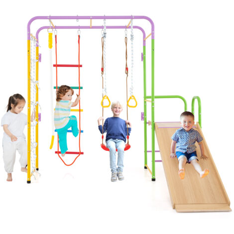 8 en 1 Aire de Jeux Escalade avec Toboggan & Balançoire Réglable, Structure d’Escalade en Métal avec Échelle & Barres de Singe,Charge 100kg pour 3 An+