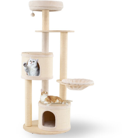 Arbre à Chat XXL 152 cm, Arbre a Chat Bois, Tapis et Poteaux à Griffer en Sisal, 4 Plateformes, 2 Condos, Panier, Tour pour Chaton, Pompon Suspendu (1/5)