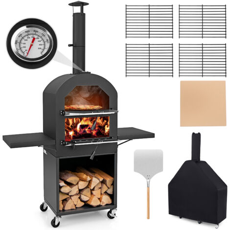 Costway – Four à pizza extérieur sur roulettes – Four à bois portable avec housse – Pierre à pizza en cordiérite – Thermomètre intégré – Cuisson rapide 400°C (1/5)