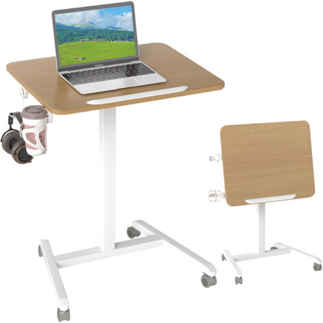 Bureau Mobile Pliable, Bureau à Roulettes avec Plateau Inclinable à 90°, Bureau Réglable en Hauteur avec Crochet et Porte-Gobelet, Naturel (1/5)