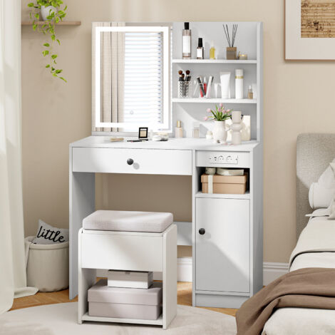 Costway – Coiffeuse avec miroir LED – 3 modes d'éclairage ajustables – Rangement avec tiroir et étagères – Station de charge intégrée (1/5)