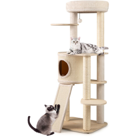 Arbre a Chat XXL 143 cm, Arbre a Chat Bois, Planche et Poteaux à Griffer en Sisal, 6 Plateformes, Condo, Tour pour Chaton, Coussins Amovible (1/5)