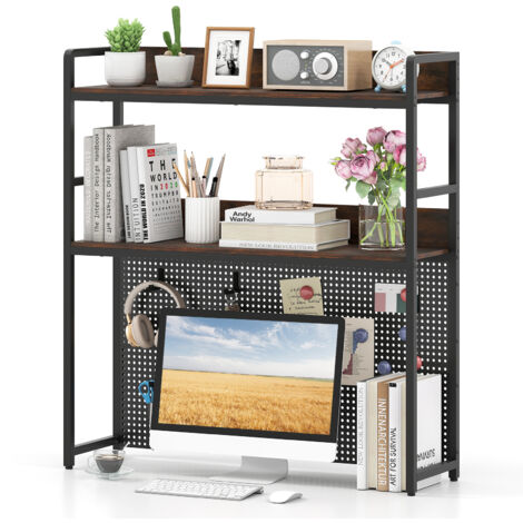 Costway – Étagère de bureau 2 niveaux – Panneau perforé pour rangement personnalisé – Support moniteur jusqu'à 32' – Cadre métal robuste – Dimensions 94x27x103cm (1/5)