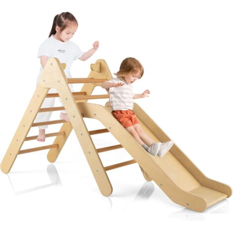 2 en 1 Triangle d'escalade en Bois avec Toboggan, Echelle d’Escalade avec Hauteur Réglable, Structure Solide, Charge 60kg pour Enfants de 1 an+
