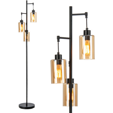 Lampadaire Autonome avec Abat-Jour en Verre Ambré à 3 Têtes Suspendues, Interrupteur à Pied, Base en Métal, pour Salon, Chambre, Noir (1/5)