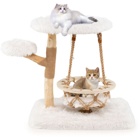 Costway – Arbre à chat 66 cm – Tronc en bois de poirier – Berceau suspendu et plateforme rembourrée – Poteau à griffer en jute naturel (1/5)
