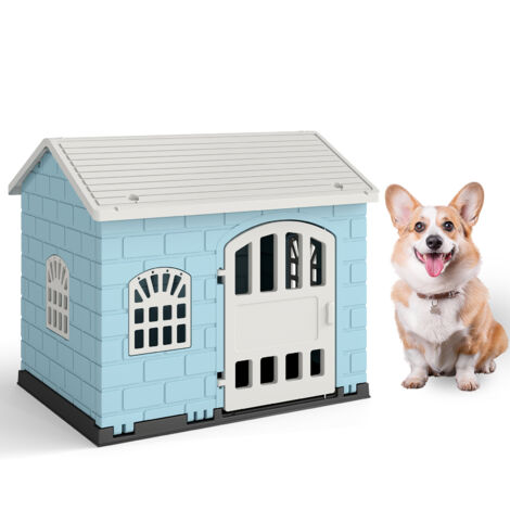 Niche Etanche pour Chien avec Porte Verrouillable, 75 x 58 x 65 cm, Cage Abri Pliable en PP, pour Lapins, Chiots, Chats, Intérieur Extérieur, Bleu (1/5)