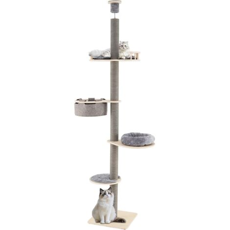 Arbre à Chat du Sol au Plafond avec Hauteur Ajustable de 236-271 CM, Tour à 5 Niveaux avec Perchoir, Lit Douillet, Hamac, Poteaux à Griffer (1/5)