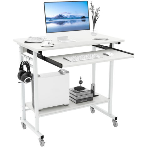 Bureau d'Ordinateur à roulettes, Bureau Informatique Mobile avec Plateau Clavier Extractible, 3 Crochets, Étagère de Rangement, pour Chambre, Blanc (1/5)