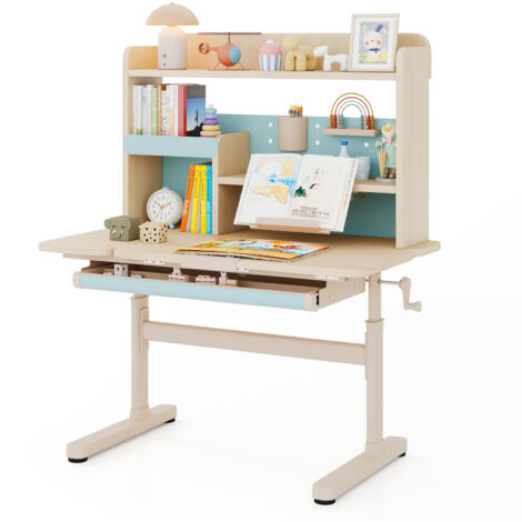 Bureau d'Étude pour Enfants avec Bibliothèque et Tiroir, Table Réglable en Hauteur avec Plateau Inclinable, Support de Livre et Porte-stylo, Bleu