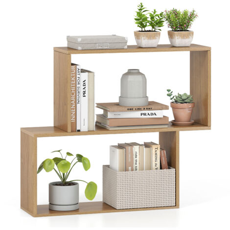 Bibliothèque Géométrique à 3 Niveaux, Bibliothèque en Bois Autoportante avec 2 Compartiments Cubiques, Étagère de Rangement Ouverte, Naturel