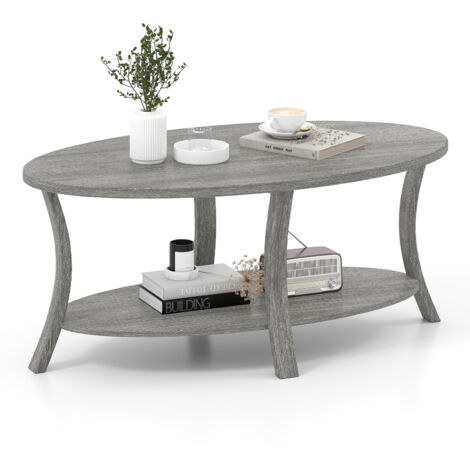 Table Basse Ovale à 2 Niveaux avec Étagère de Rangement, Table Basse en Bois d'Hévéa, Table de Salon Rustique pour Maison, Bureau, Gris (1/5)