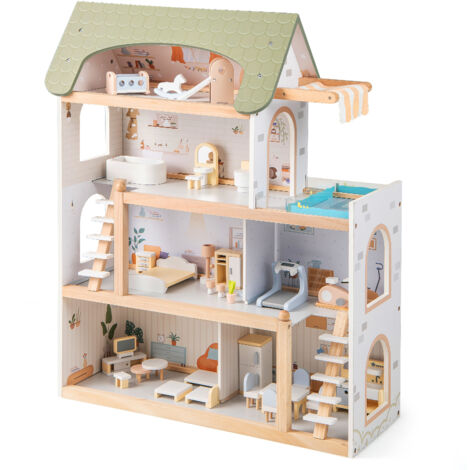 Maison de Poupée en Bois à 4 Étages avec 7 Pièces et 33 Mobiliers, Maison de Rêve avec Escaliers Amovible & Motifs Mignons, pour 3 Ans+