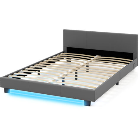 Cadre de Lit Double avec Tête de Lit Rembourrée, Lit Plateforme Rembourré avec Bandes Lumineuses LED, Télécommande, Sommier à Lattes, 5 Pieds, Gris (1/5)