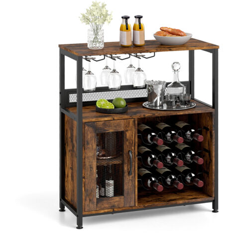 Buffet Bar Café Industriel avec Porte en Grillage, Meuble à Vin Autonome avec Casier à Vin, Porte-Verres, 75 x 34 x 90,5 cm, Brun Rustique (1/5)