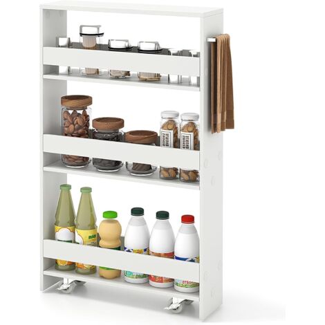 Chariot de Rangement Largeur 13 cm à roulettes, Desserte de Cuisine à 4 Niveaux, Poignée Latérale et Roues Universelles avec Freins (Blanc+ Blanc)