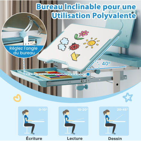 Ensemble de chaises de bureau rose pour enfants, table d'étude réglable en hauteur, bureau élargi avec compartiment de rangement pour la maison et l' école (blanc bleu